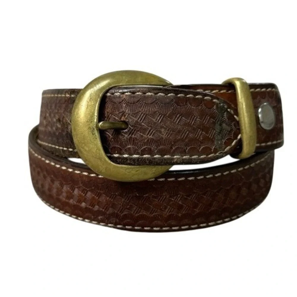 Aker Leather Basketweave Belt Brown Brass Buckle B21-38 Mens Size 38 San Diego